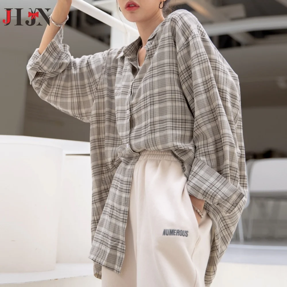 

2025 JHJN Women Vintage Long Sleeve Shirt Oversized Plaid Shirt Summer Fashion Loose Lapel Pocket Shirt Fit Blouse Korean Style