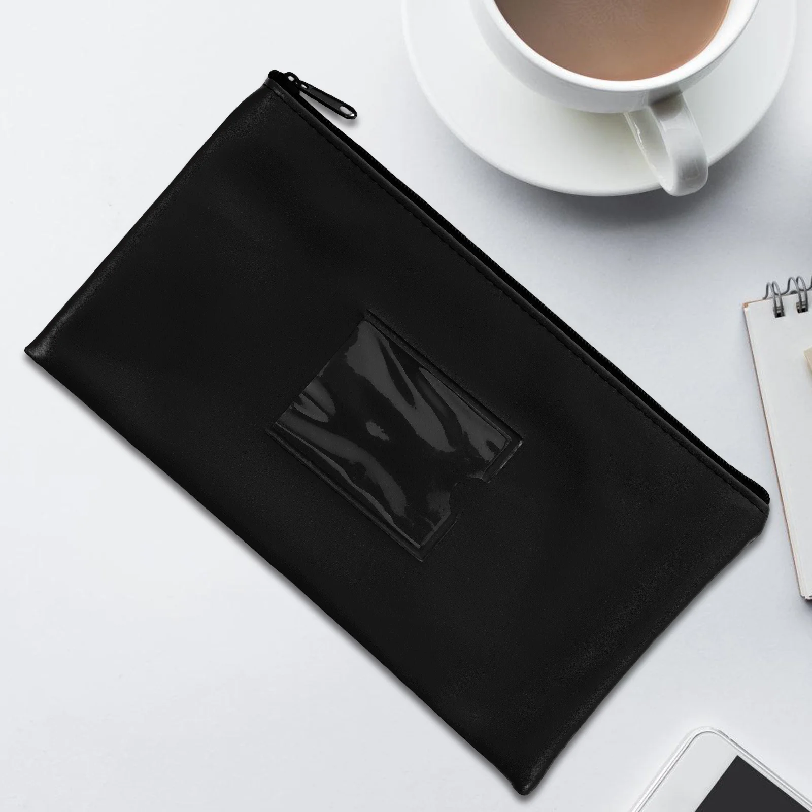2Pcs Money Bank Deposit Bag Faux Zipper Cash Coin Pouch with Transparent Card Slot Organizer