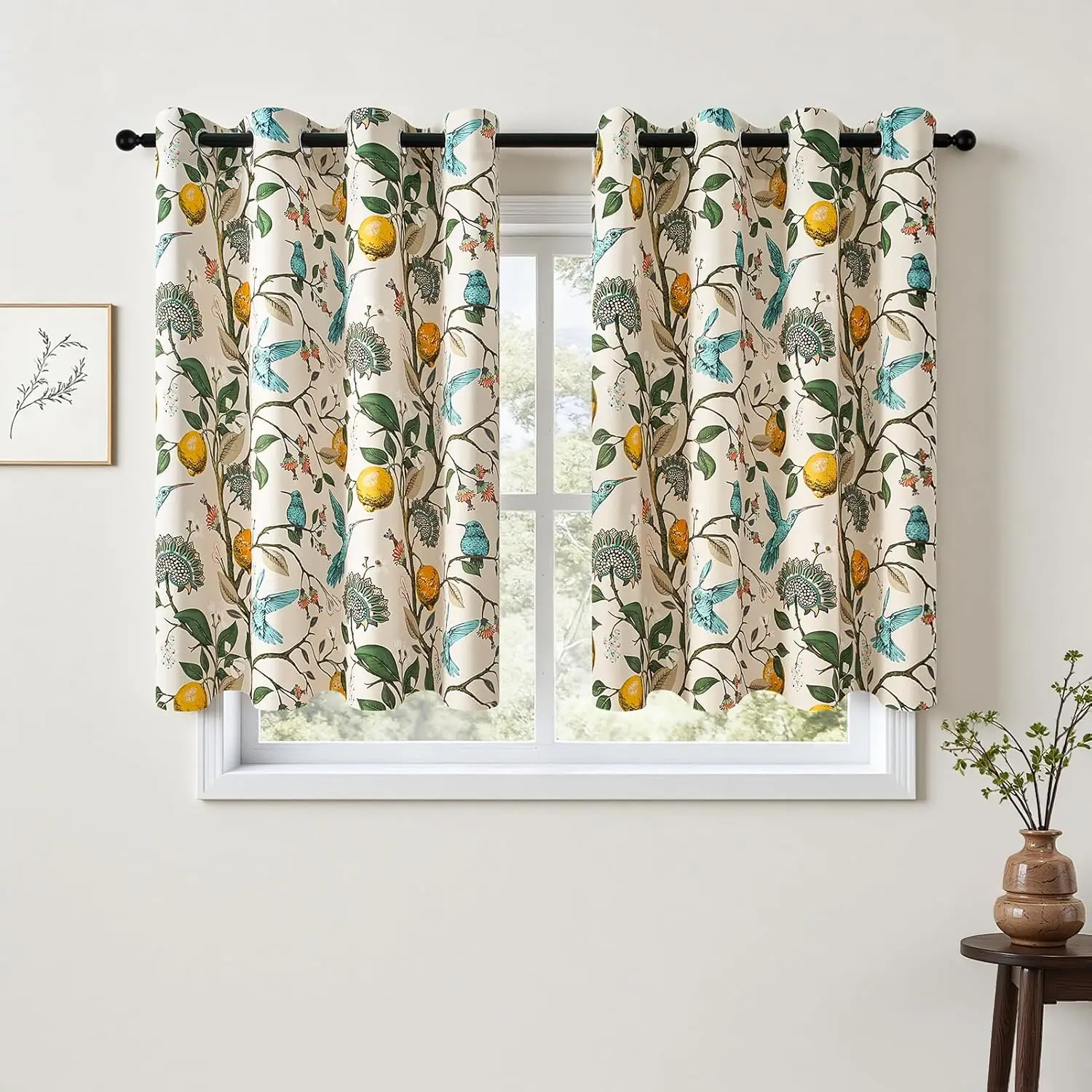

Beige Kitchen Tier Curtains 36 Inches Long Botanical Floral Hummingbird Grommet Room Darkening Half Window Drapes for Rv