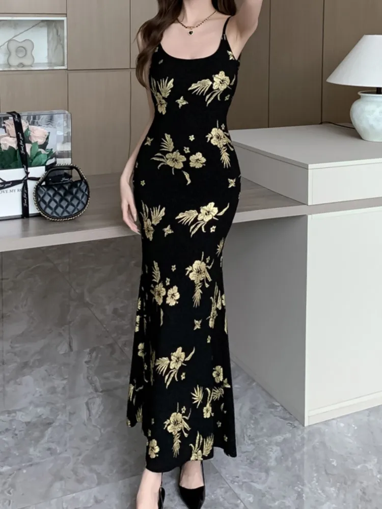 Spaghetti träger elegante Frauen Sommerkleid ärmellose Bodycon schlanke lässige schwarze Blumen gewand weibliche schicke Vestidos Mujers neu