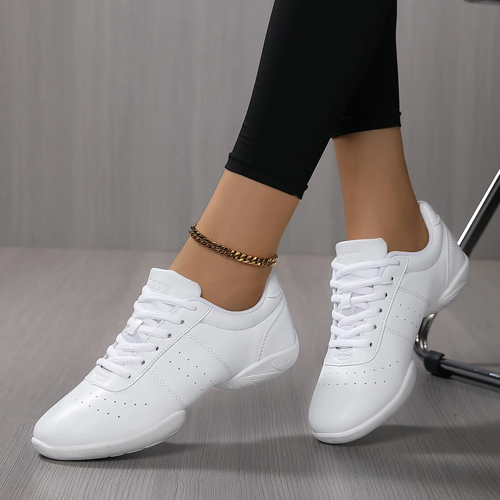 610Women's Leather Sports Shoes Lightweight Cheerleading Aerobics Sneakers Youth Teen Girls Non-slip Fitness Gym_desvips.com
