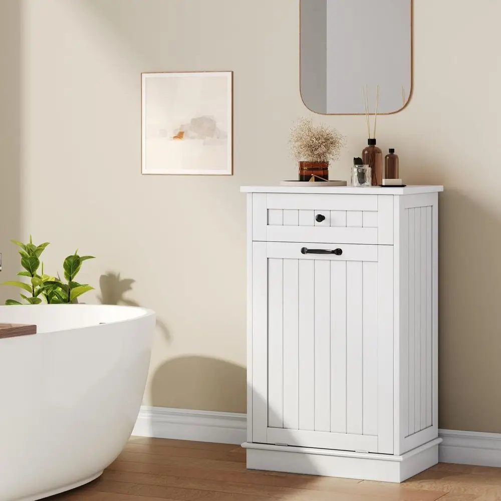 

White Out Trash Can Cabinet, 10Gallon Hidden Garbage Storage Cabinet with Deodorizing Design, Kitchen Trash Cabinet with reestan