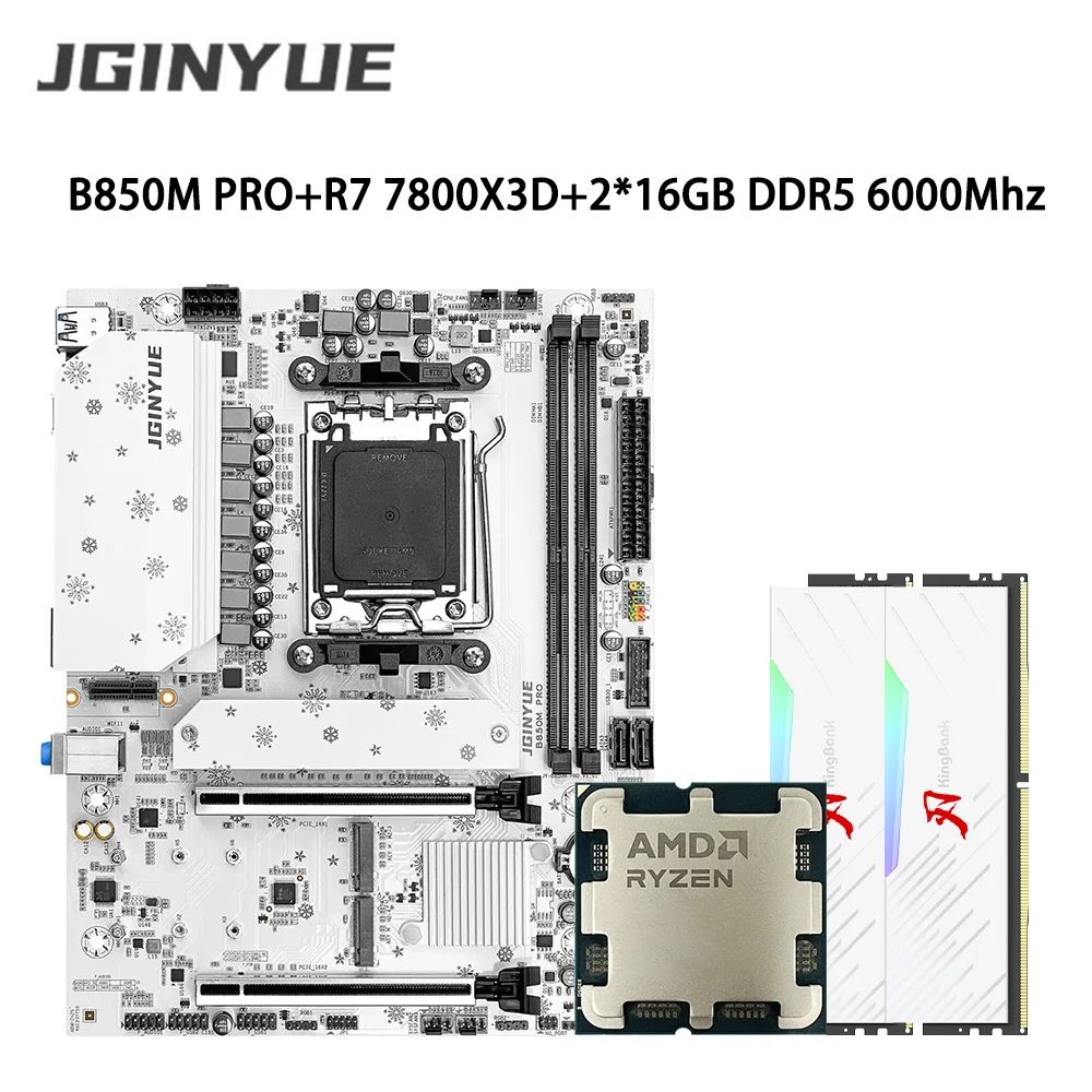 

Комплект материнской платы JGINYUE B850M Pro с процессором AMD Ryzen 7 7800X3D и 2*16 ГБ памяти DDR5 6000 МГц, поддержка M.2 NVME SATA 3.0 ARGB
