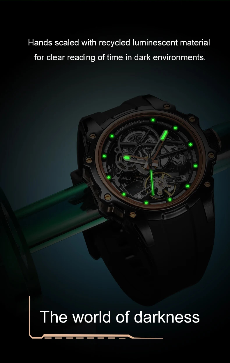 MEGIR Skeleton Dial Automatische Mechanische Uhr Männer Edelstahl Gehäuse Wasserdicht Leuchtende Sport Armbanduhr mit Silikon Armband – Detail 5