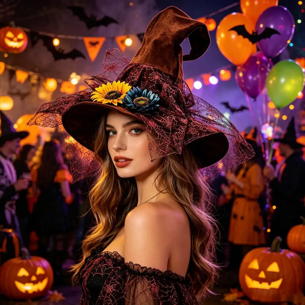 Halloween Witch Hat Women's Large Ruched Witch Hat with Ruffle Flowers Halloween Felt Wizard Hat Adults Cosplay Costume