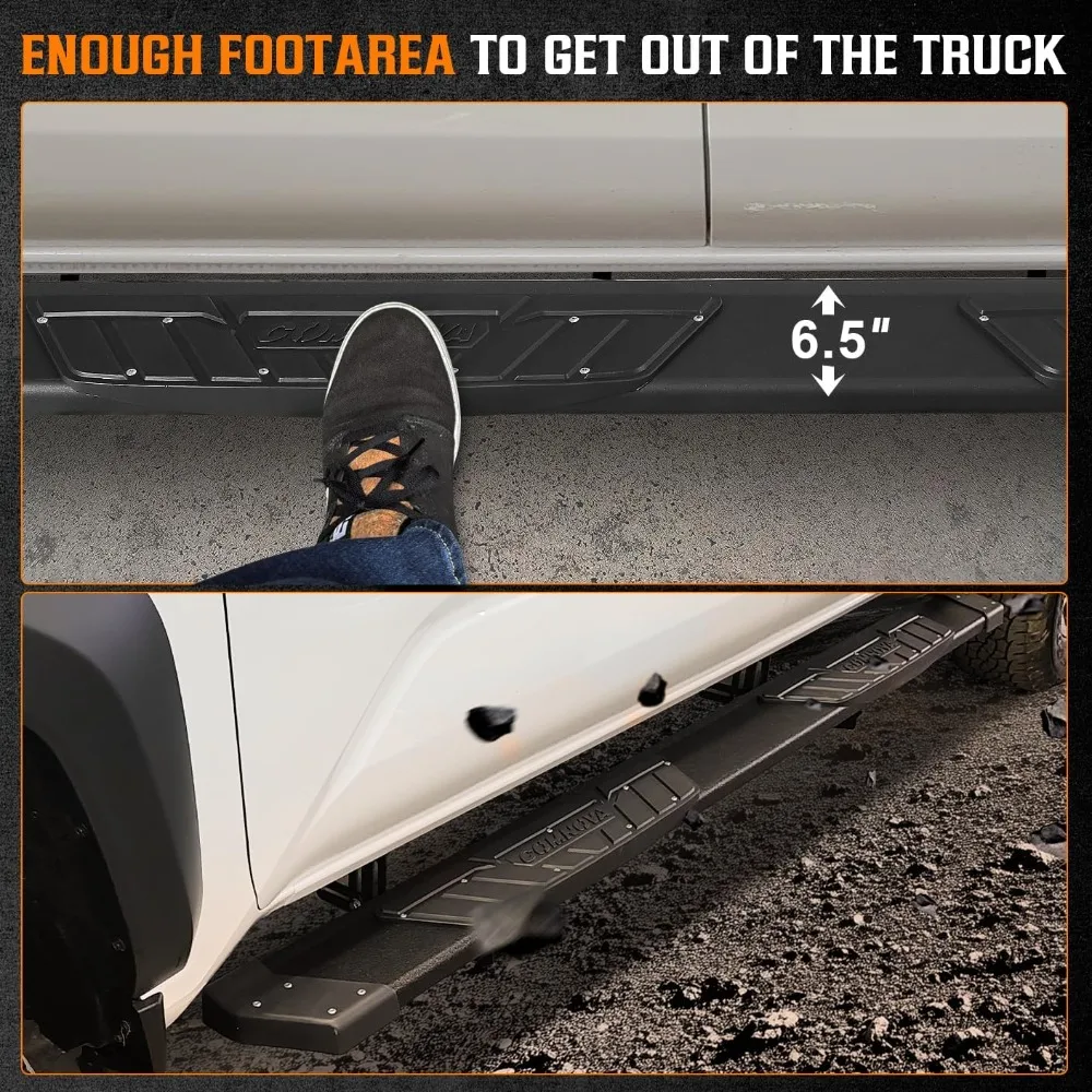 لوحات تشغيل ألومنيوم COMNOVA متوافقة مع 2022-2025 Toyota Tundra CrewMax. لوحات الجري Tundra مقاس 6.5 بوصة، خطوة جانبية سوداء