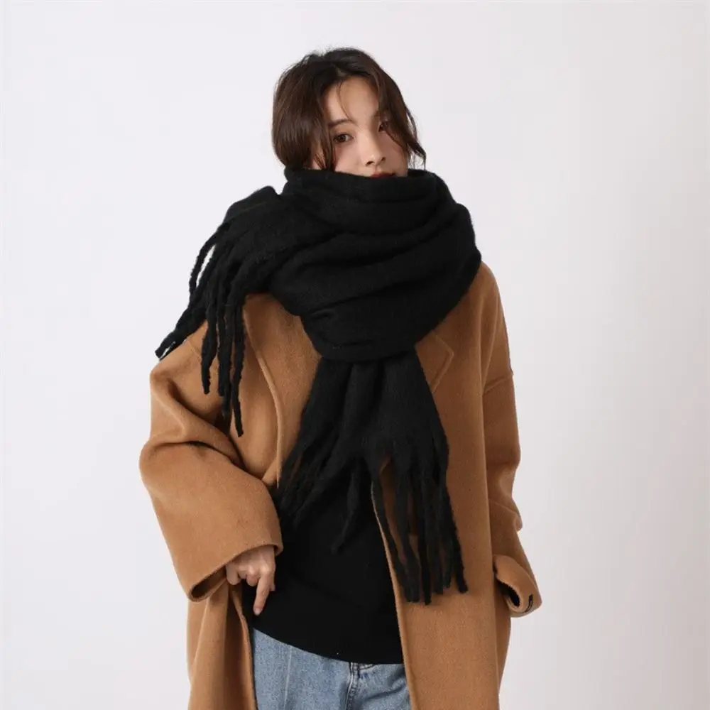 

Elegant Mohair Winter Wool Scarf Tassel Thicken Winter Cashmere Scarves Plush Solid Color Long Shawl Autumn Winter