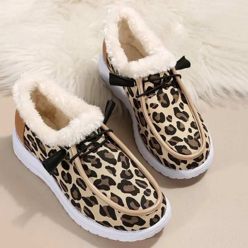 Kobiety Puszyste Futro Śniegowce Kobiety Jesień Zima Leopard Print Płaskie Obcasy Gruby Plusz Bawełna Wyściełane Buty Kobieta Ciepłe Botas