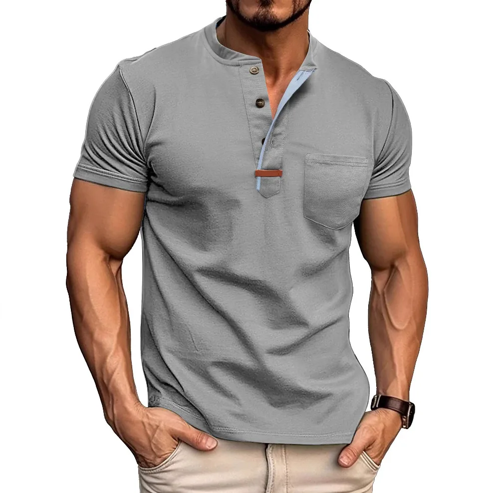 Men's Summer Men's Short Sleeve T-Shirt Men Crew Neck Henry Neck Retro Casual Trend European Version T Shirt For Men Tee Blouse