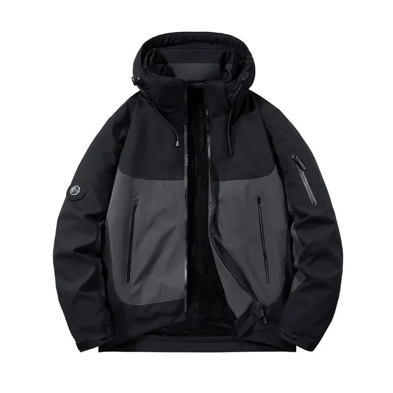 

Autumn and Winter Mens Jacket Hooded Thicken Keep Warm Softshell Fleece-lined Windproof Wear-resistant Color Blocking Coat