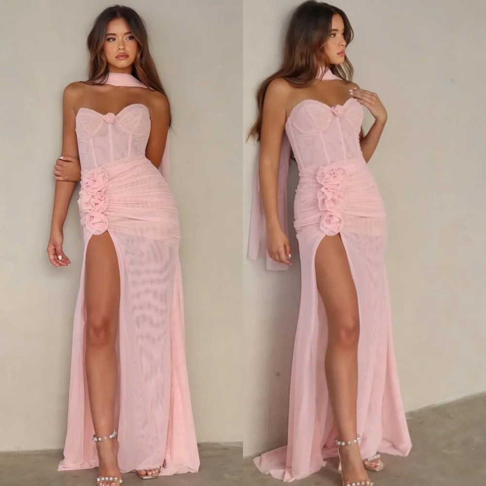 

Customized Modern Pink Chiffon Evening Dress Exquisite Strapless Ribbon Homecoming Dress Sweep Train Special Occasion Gowns