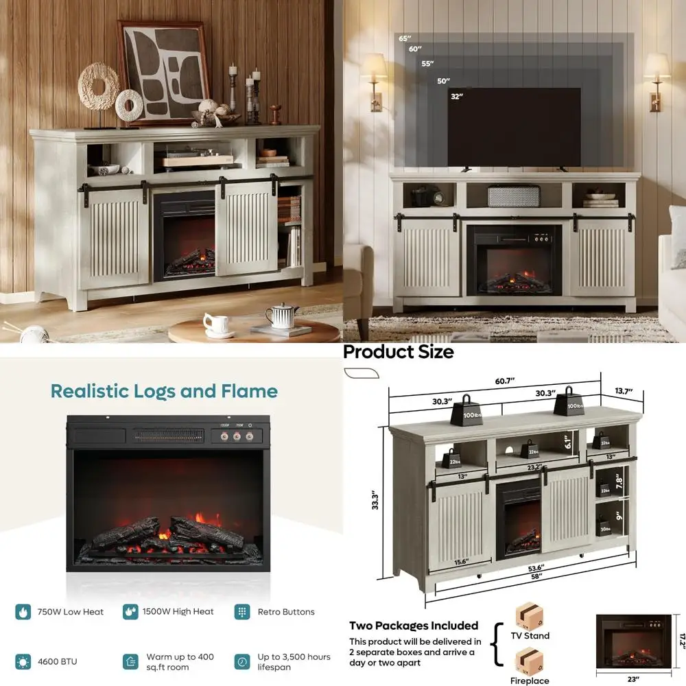 60-inch Farmhouse Style Sliding Door TV Stand with Electric Fireplace for TVs up to 70 Inches