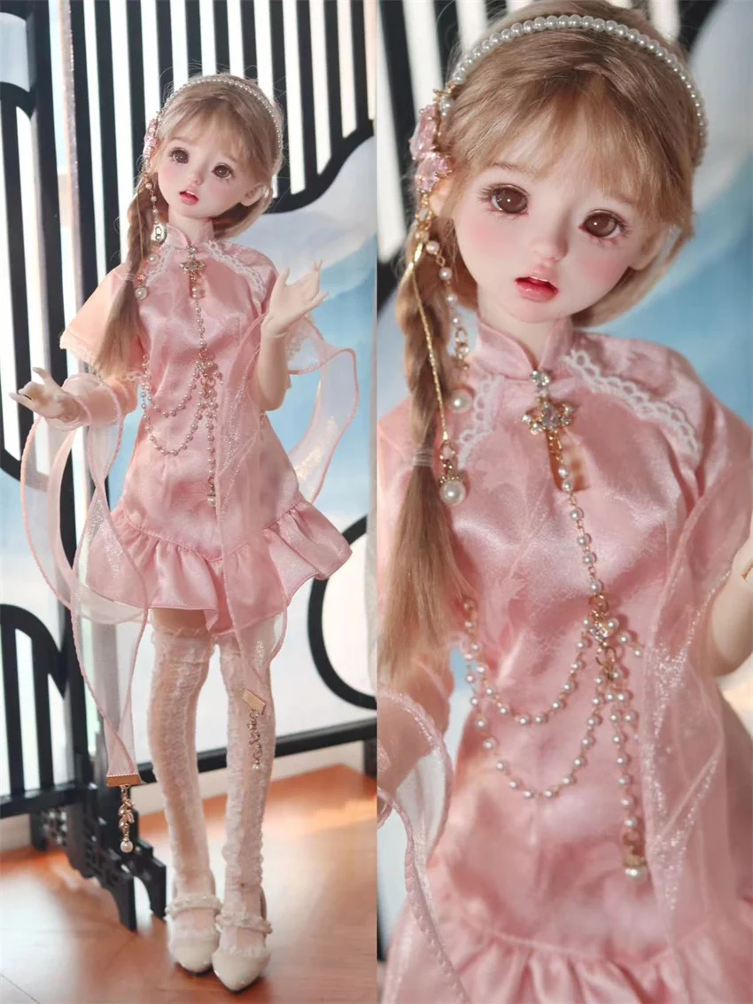 BJD Doll Dress Sets Cheongsam Elegant Lace-up Girls Pearl Chain 1/4 Dress Doll Accessories (no doll)