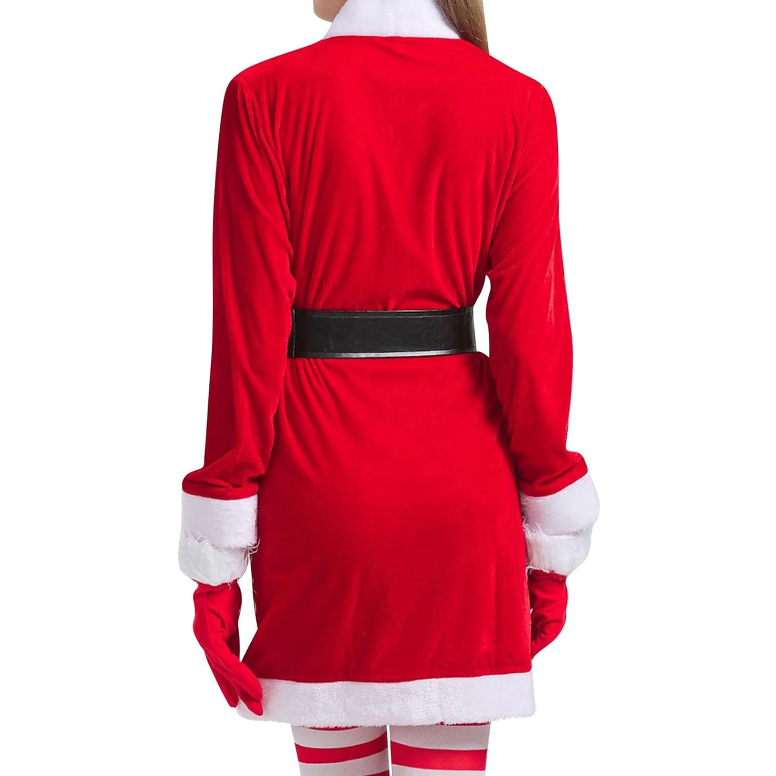 Disfraz de Cosplay de Navidad para adultos, vestido rojo de manga larga con cinturón, sombrero de Papá Noel, guantes, conjuntos de medias para fiesta temática