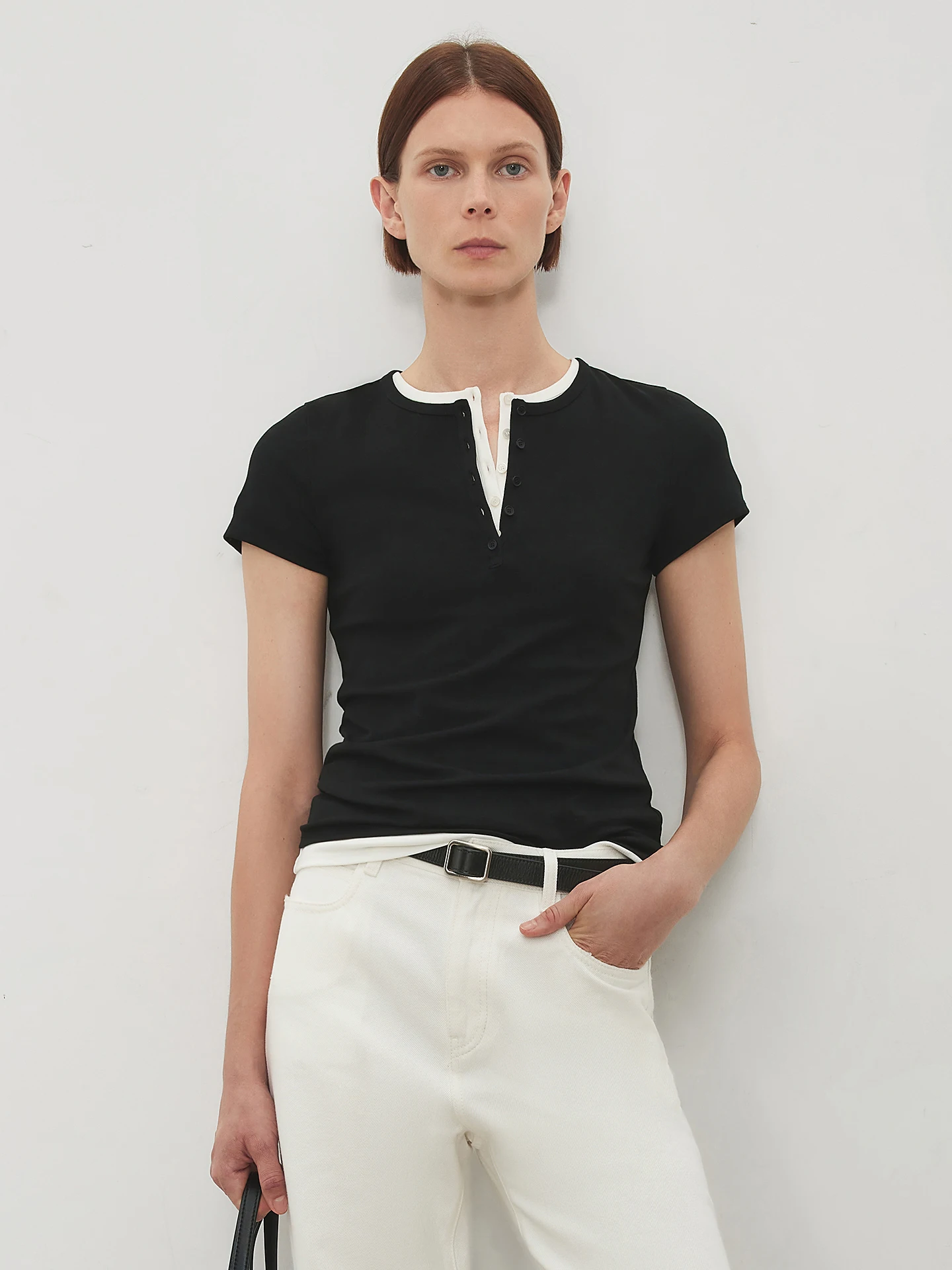 

Slim Fit Retro Henry Collar T-irt Ultra Elastic High Cotton Content Ribbed Versatile ort Sve round Ne Paper Thin Bod...