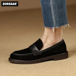 2024 Suede Loafers Women Summer Walk Loafers Beige Genuine Leather Slip On Flats Shoes Round Toe Soft Ballet Flats Casual Shoes