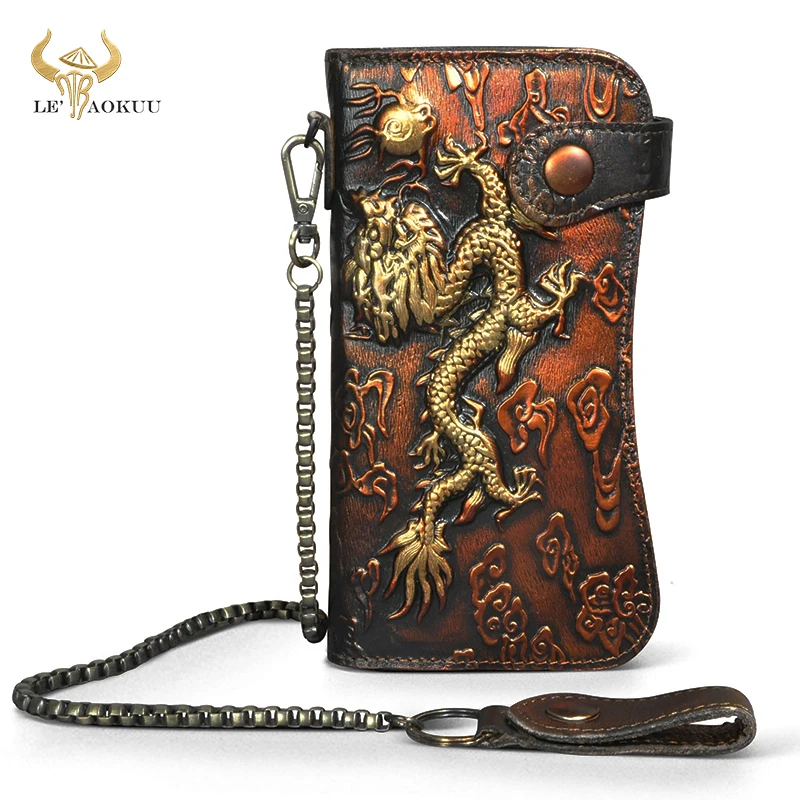 2023 Hot Sale Luxury Male Cattle Real Leather Design Dragon Emboss Checkbook Iron Chain Organizer Wallet Purse Clutch 1088