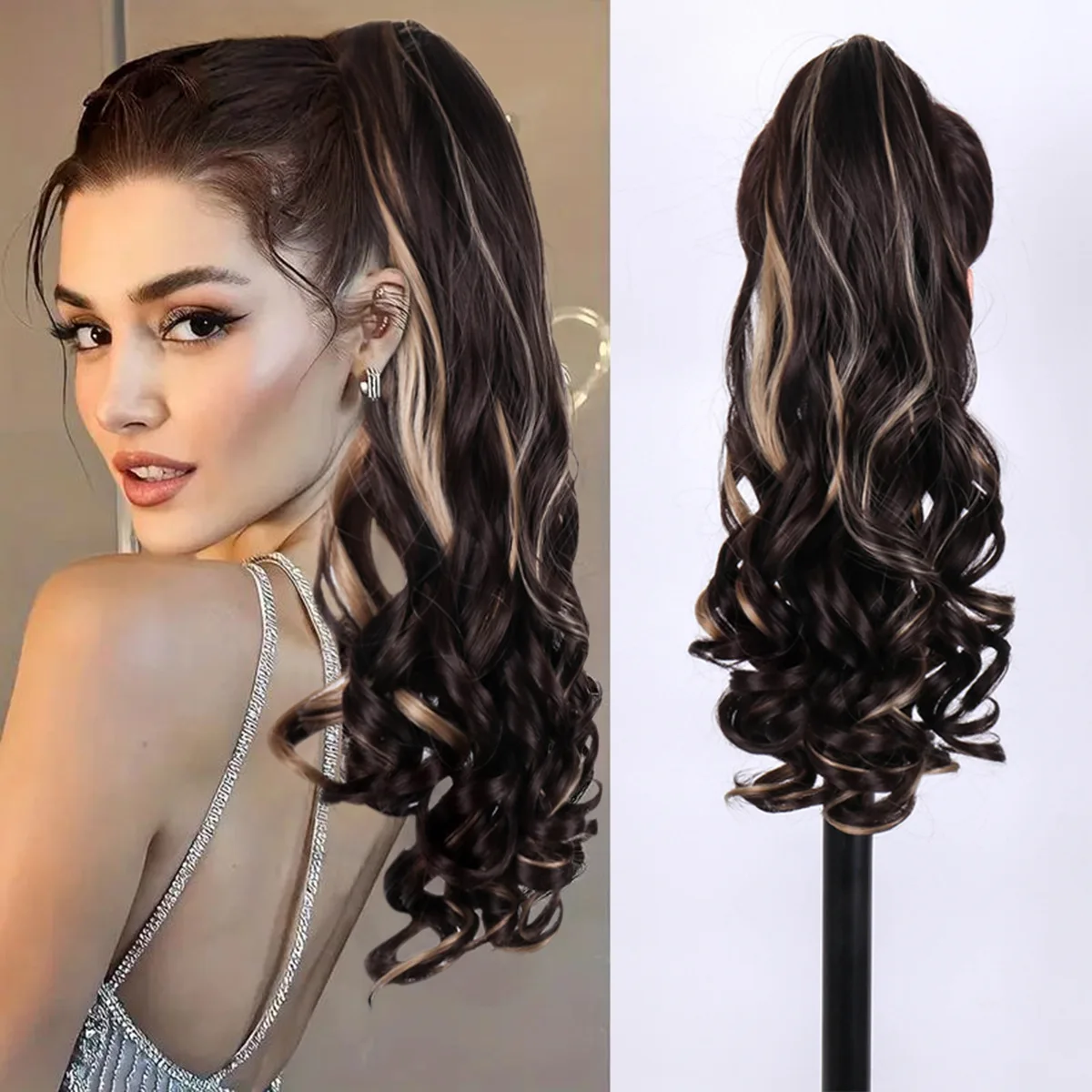 Wig women's long hair with large waves & high ponytail natural simulation fluffy curly ponytail hair extensions braids hair care