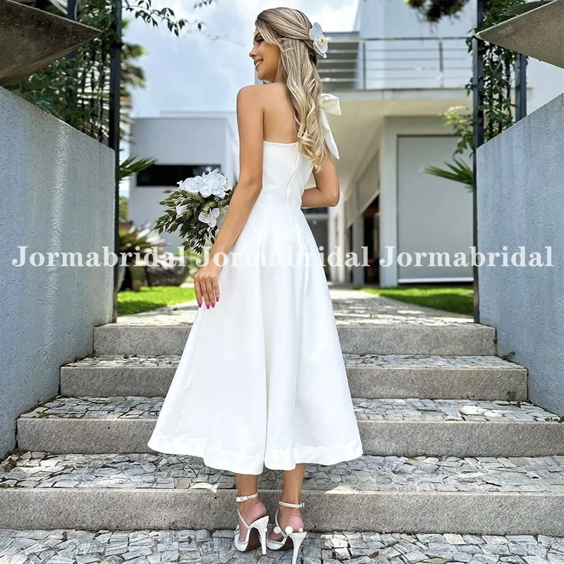 Simple A-line Short Wedding Dress One Shoulder with Bow 2024 Plus Size Tea Length Satin Summer Beach Bridal Gown Formal Dresses