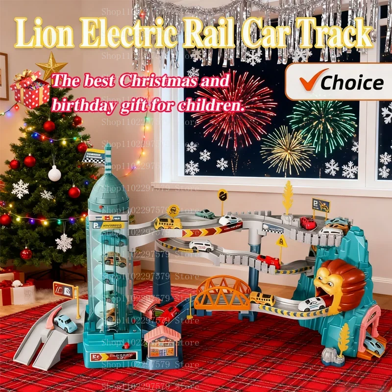 السكك الحديدية الكهربائية سيارة الأسد بناء موقف للسيارات مغامرة سباق السكك الحديدية سيارة الأطفال الدماغ الميكانيكية التفاعلية عيد الميلاد اللعب الهدايا #1