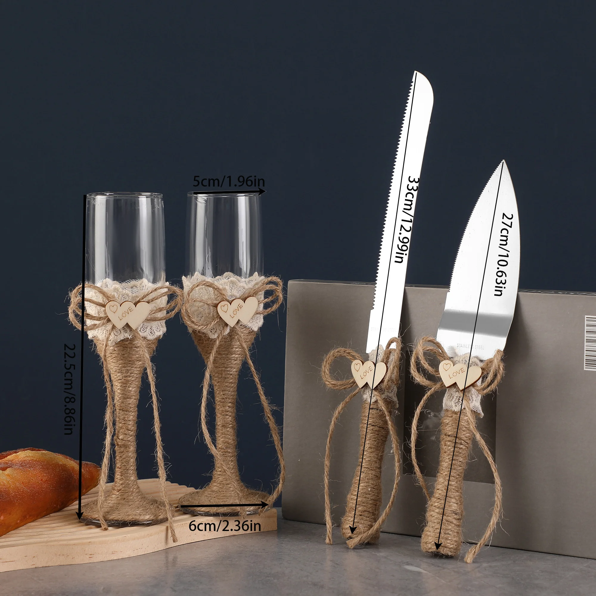 Estilo occidental nuevo doble corazón amor copa de pie alto banquete copa de vino tinto cuchillo y cuchara conjunto caja de regalo