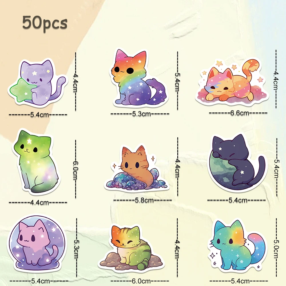 50PCS Cute Starry Sky Cat PVC Sticker DIY Aesthetic Chidlren\'s Stationery Vinyl Decoration Scrapbooking School Supplies for Kids