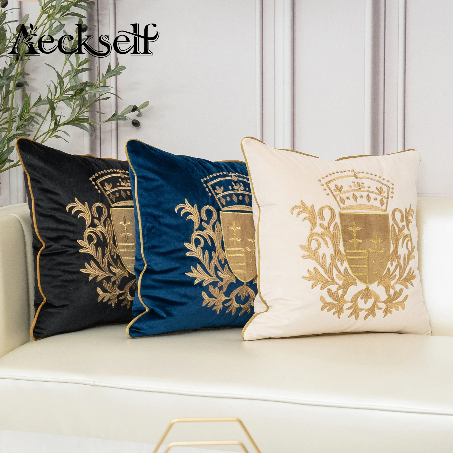 ARovself-Juste de coussin en velours brodé européen, taie d'oreiller de luxe, décoration d'intérieur, bleu marine, or, beige, noir