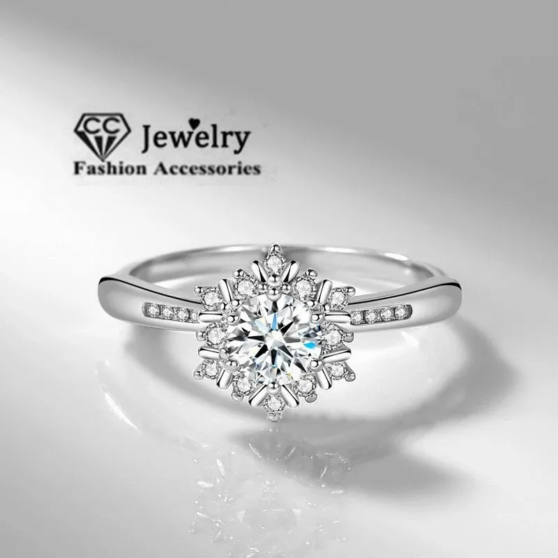 Cc anéis para mulher cor prata 5.75mm 0.7ct zircônia cúbica flocos de neve casamento nupcial anel de promessa jóias finas cc1621