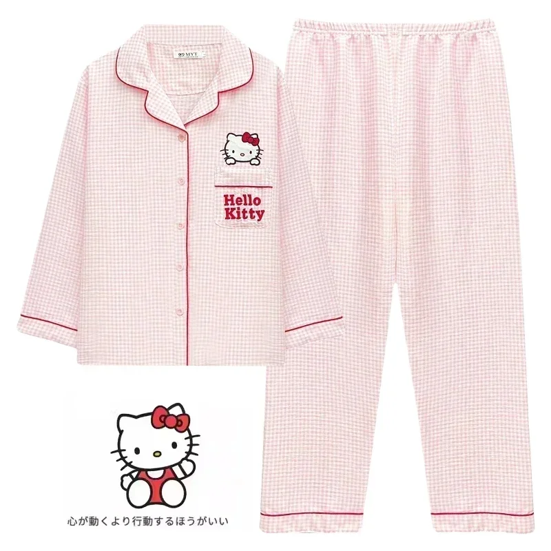 SanrioHello Kitty jedwabna piżama damska bawełniane spodnie z długim rękawem Cartoon dwuczęściowy zestaw piżama damska Homewear piżama zestaw spodni