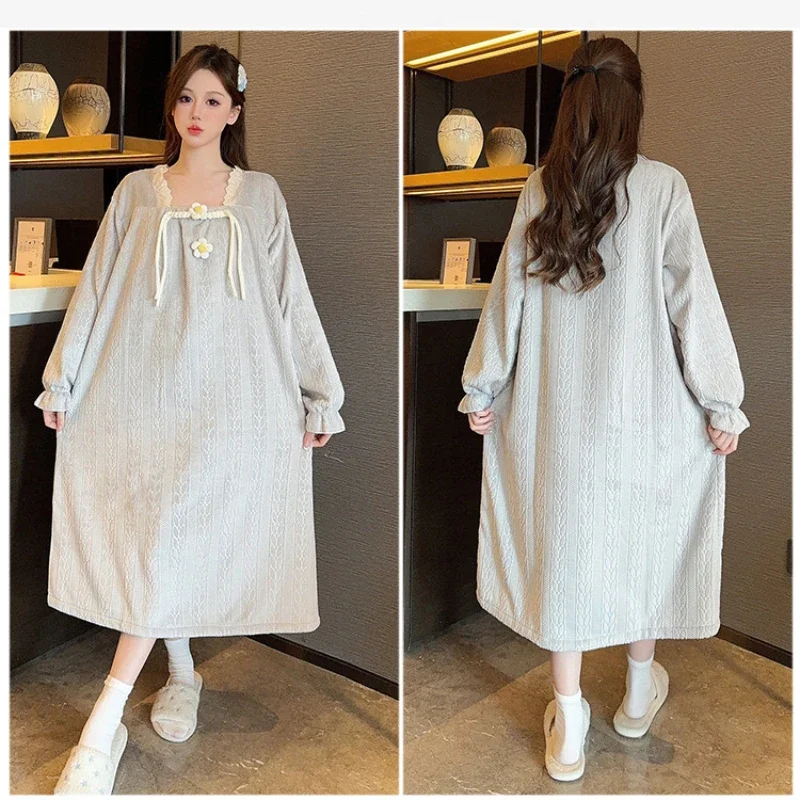 5XL Plus Size Winter Warm Nightgown Women Long Sleeve Thick Flannel Loose Nightdress Female Coral Velvet Sweet Home Sleepwear