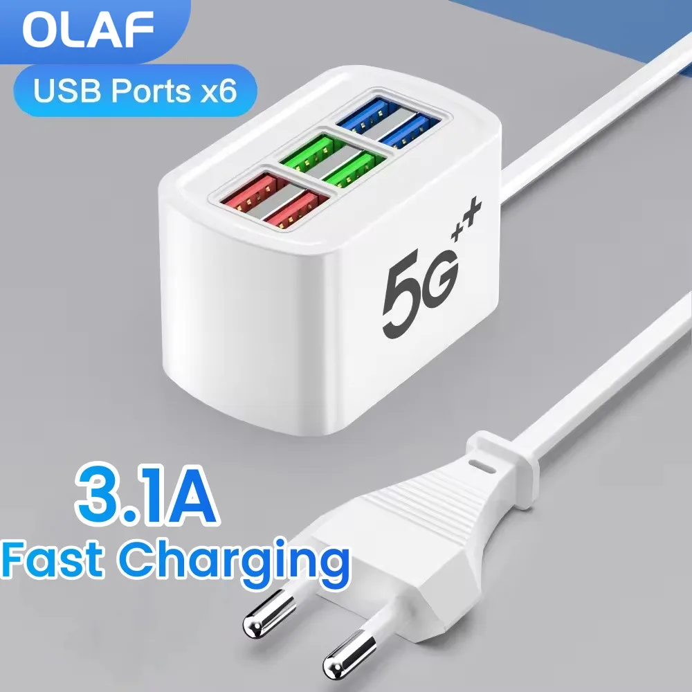 Regleta de carga rápida USB 6 en 1, cable de 1m, estación de carga de escritorio, adaptador de concentrador USB de carga rápida, enchufe para el hogar, enchufe UE/EE. UU./Reino Unido