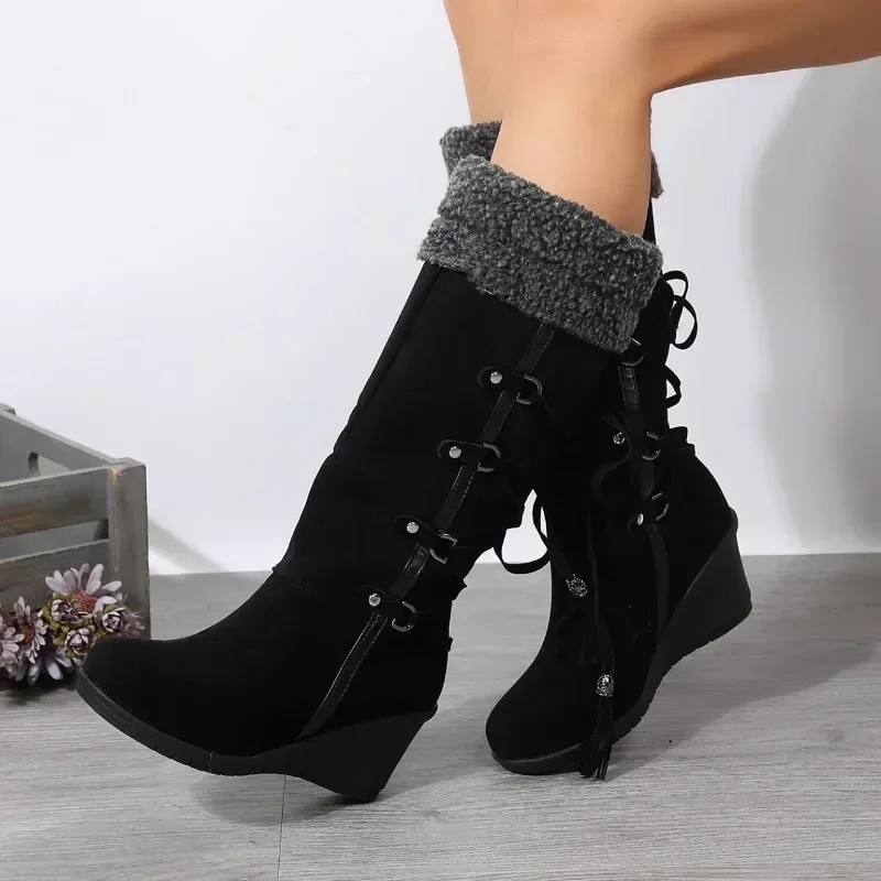 fashion Women's Knee-high Boots 2024 winter new Warm Ladies Shoes British Style Female Booties casual Suede Wedges Boots Botas