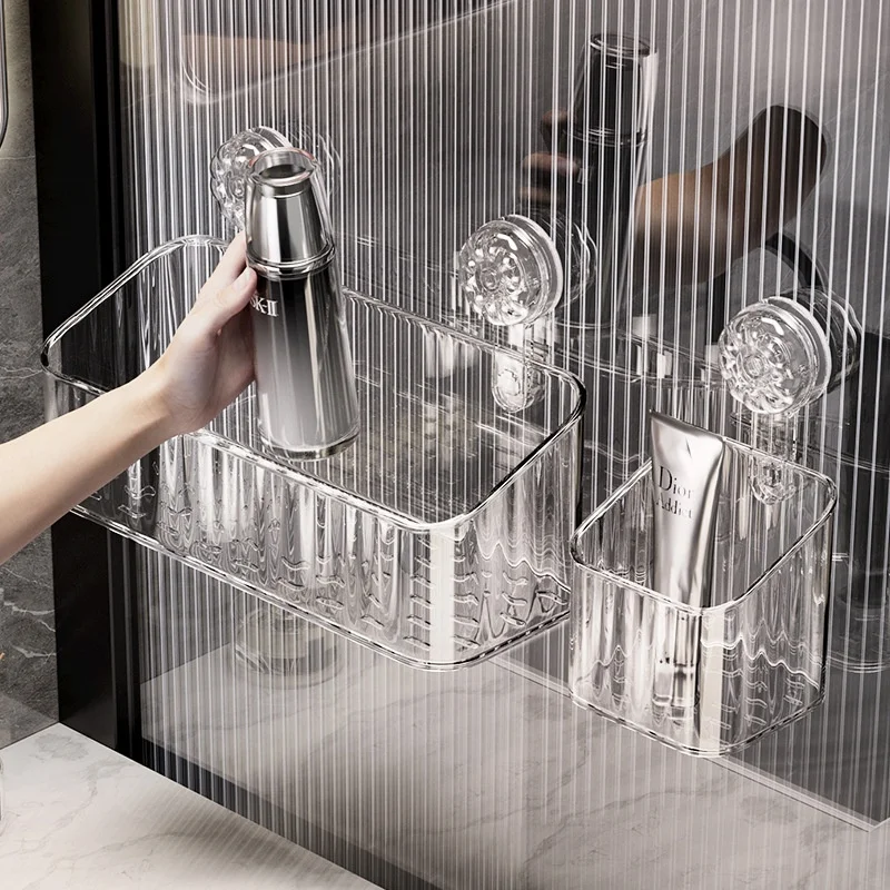 Punch Free Shower Shelf Suction Cup Basket Bathroom Organizer One Second Installation Rotating Removable Glacier Pattern