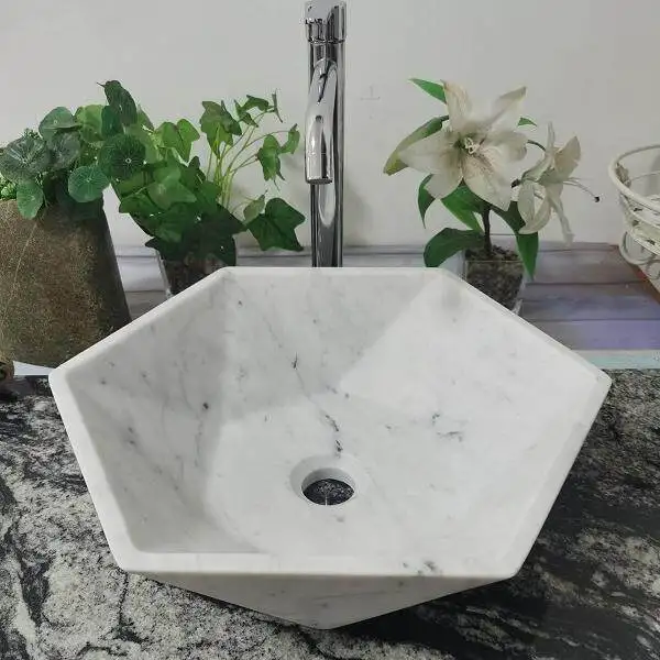 Natural stone Carrara white stage art basin hexagonal wash basin