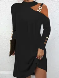 Women Sexy Off Shoulder Halter Neck Mini Dress Autumn Long Sleeve Casual Loose Solid Color Dresses Elegant Office Lady Clothing