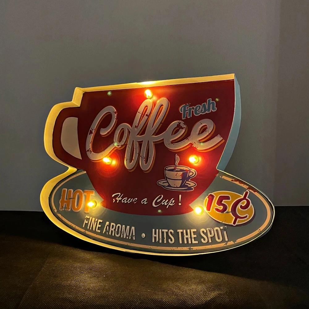 Metal Light Up Coffee Sign, Retro Coffee Shop Signs ,LED Neon Vintage Signs for Kitchen Bar Cafe Restaurant Wall Decoration