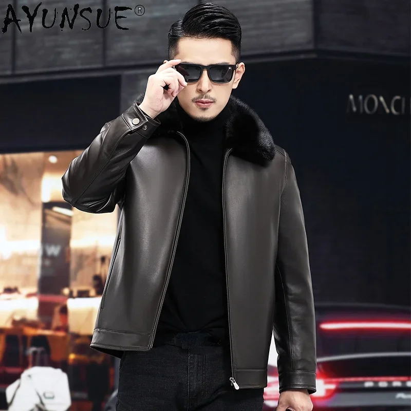 

AYUNSUE 2021 New Winter Clothes Men Leather Jacket 100% Real Sheepskin Coat Mink Fur Collar Down Coats Chaqueta Cuero Hombre WPY