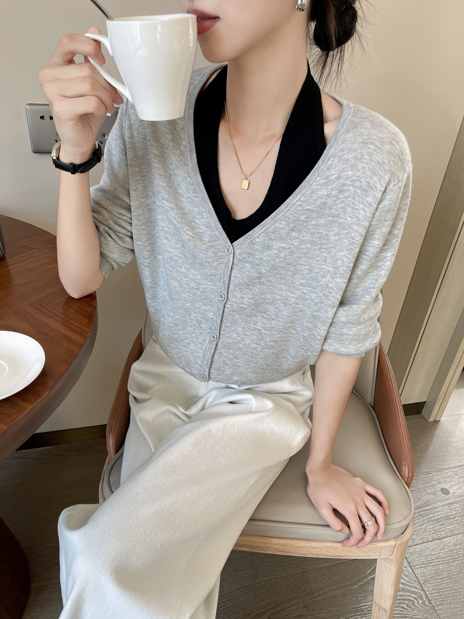 

ay Knitted Open Cardigan Women's Autumn Winter New Korean Sle Soft Personali Hanging Ne Top Soft Loose Fit Long Sv...