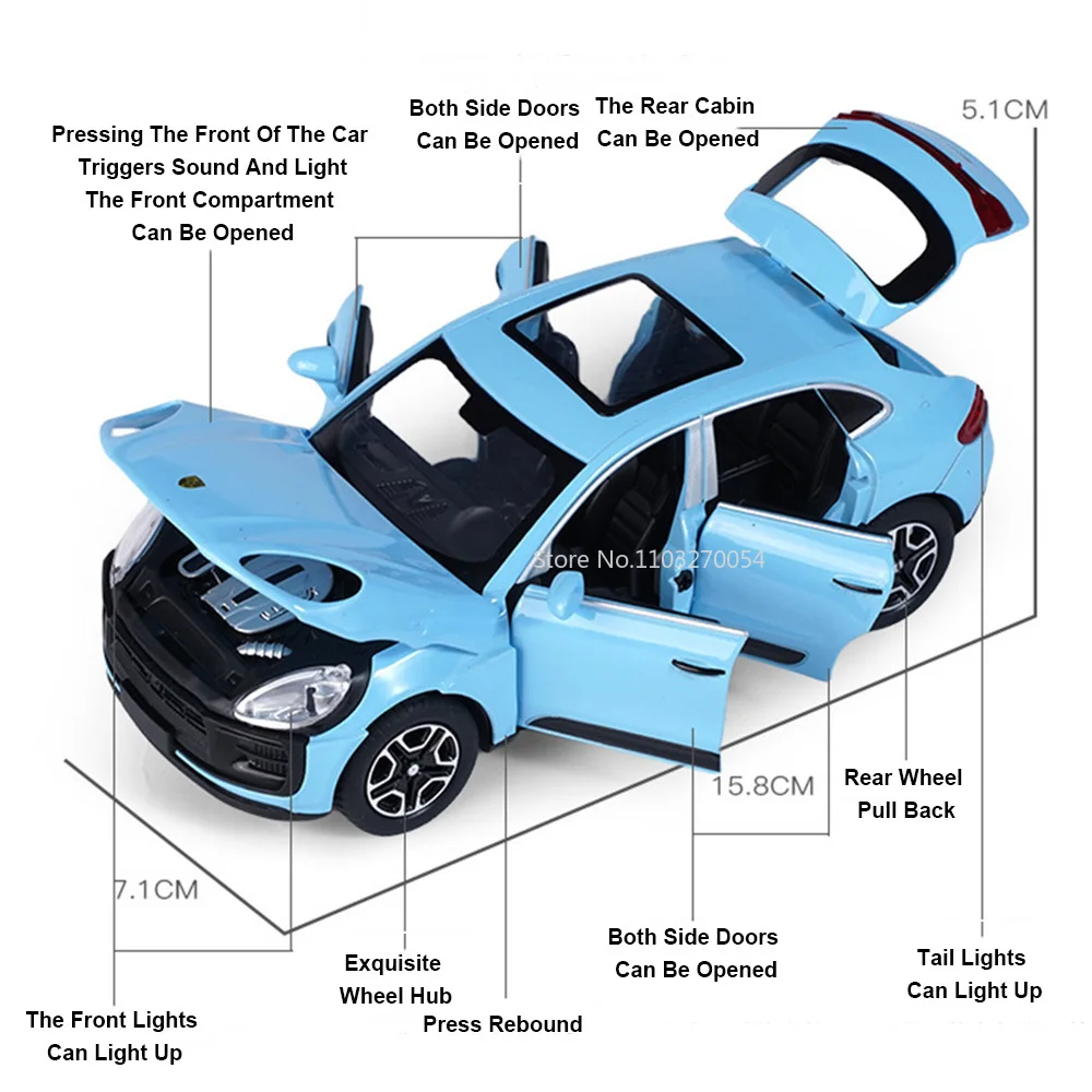 Modelos de coches de juguete de aleación Macan a escala 1/32, simulación con luz de sonido, puertas traseras, se pueden abrir vehículos, regalos de Navidad para niños