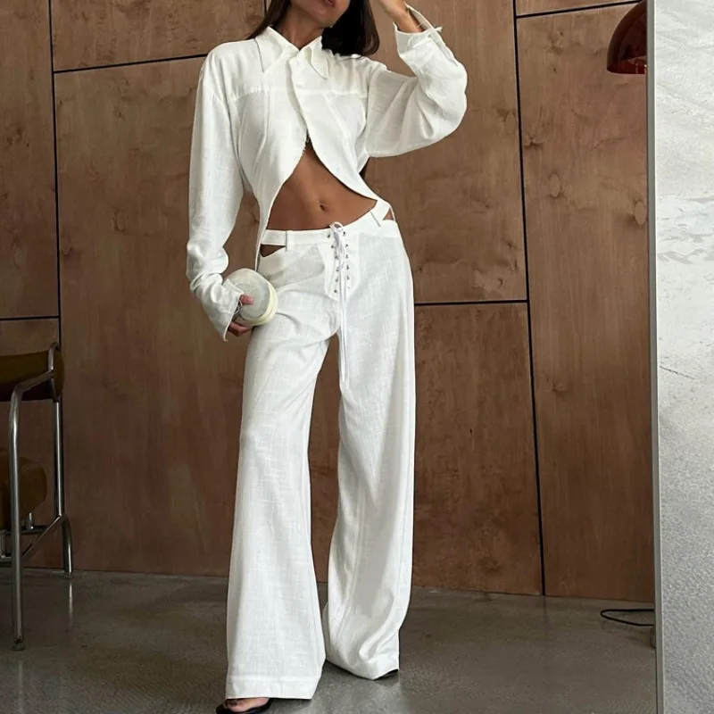 

Y2k Sexy Streetwear 2 Piece Set Women Lapel Long Sleeve Cropped Design White Shirt Hollowed Out Tie Wide Leg Pants Two Piece Set