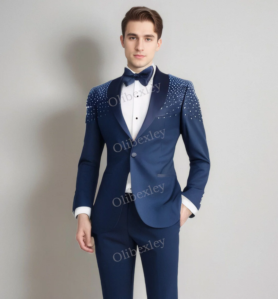 

Olibexley Men's Luxury Blue 2-Piece Suit Slim Fit Double Breasted Wedding Groom Business Prom High Quality Jewelry Decoration