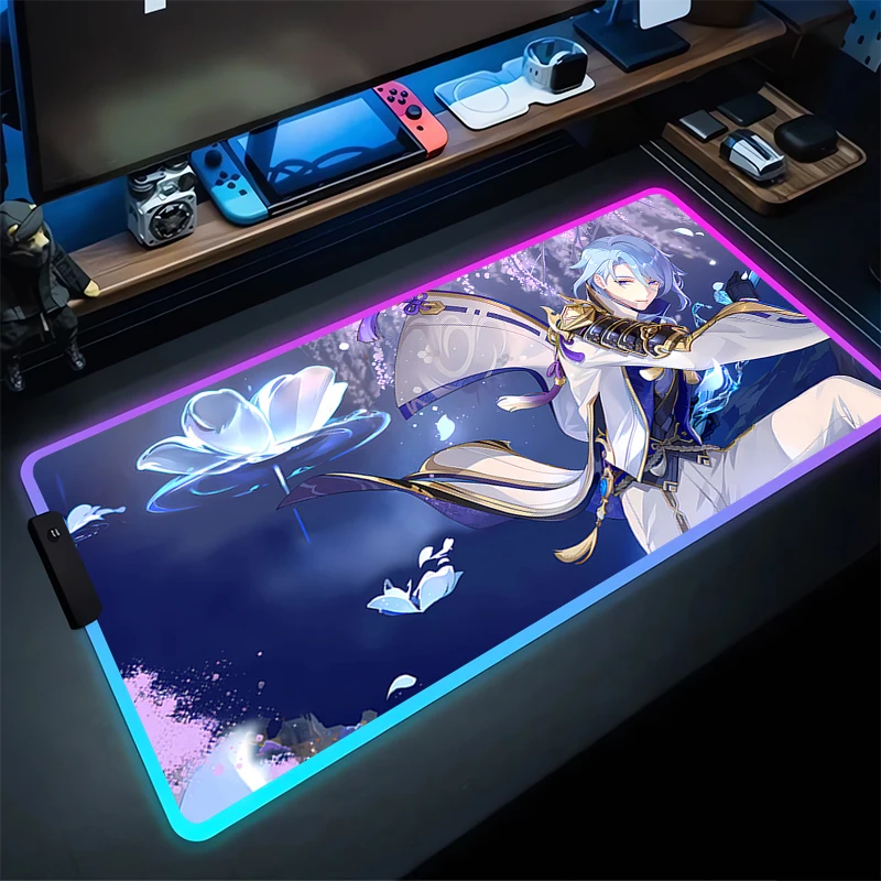 RGB Mouse Pad Kamisato Ayato G-Genshin Impact Non-Slip Rubber Edge locking mousepads Game play mats notebook computer Home Decor