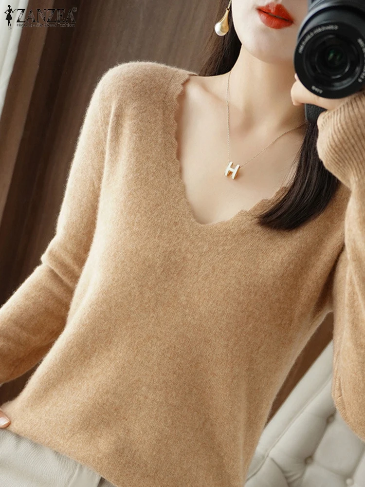 

ZANZEA Women Knitting Pullover Sweaters Fall 2025 Casual Wavecut V-Neck Long Sleeve Solid Color Sweater T-Shirts Cozy Woman Tops