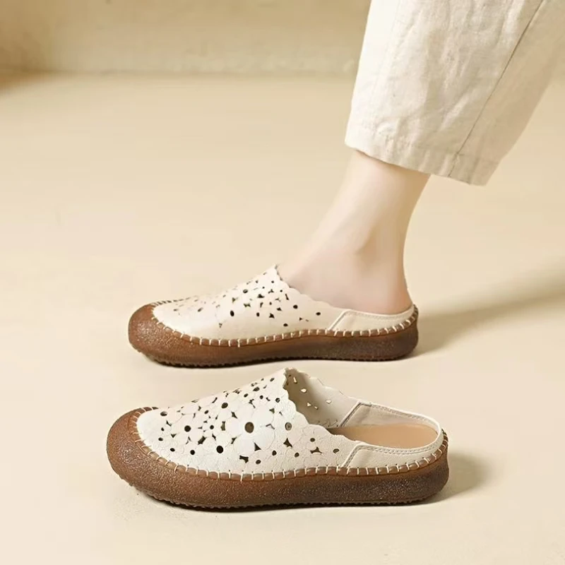 

Женские кожаные полутапочки-баоту с вырезами, летние, новые, с мягкой нескользящей дышащей подошвой, на плоской подошве, для улицы, сандалии