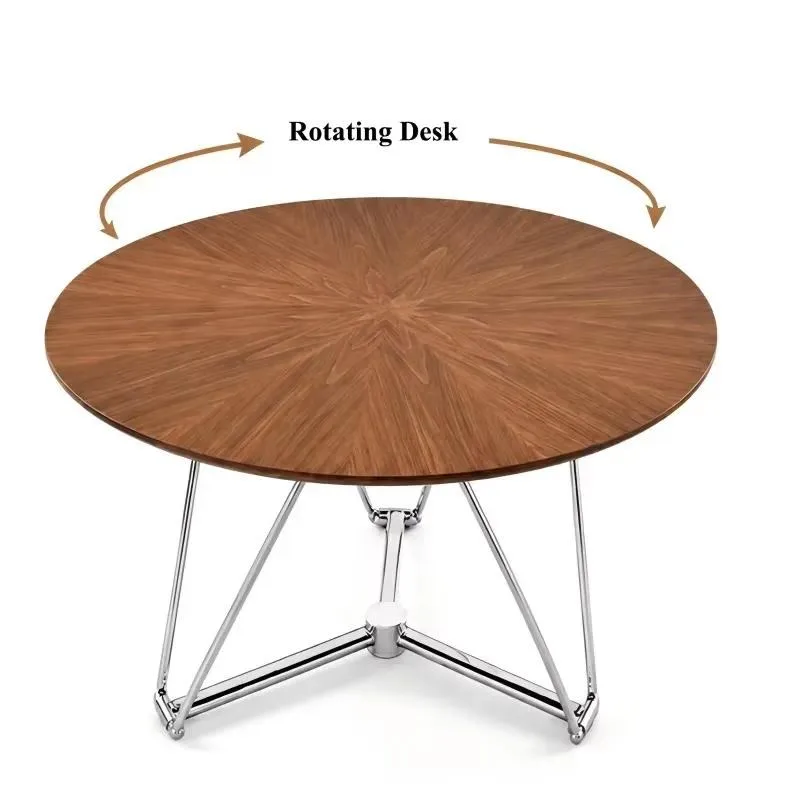Medieval Style Walnut Veneer Round Edge Safe Rotating Table with Chrome Base Small Round Feet for Living Room