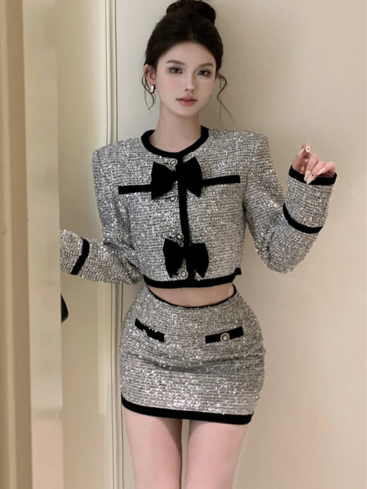 New Fashion Sexy Korea Silver Suit Women Autumn Y2k New High Quality Contrast Color Bow Jacket Coat + Skirt Street Two-Piece Set