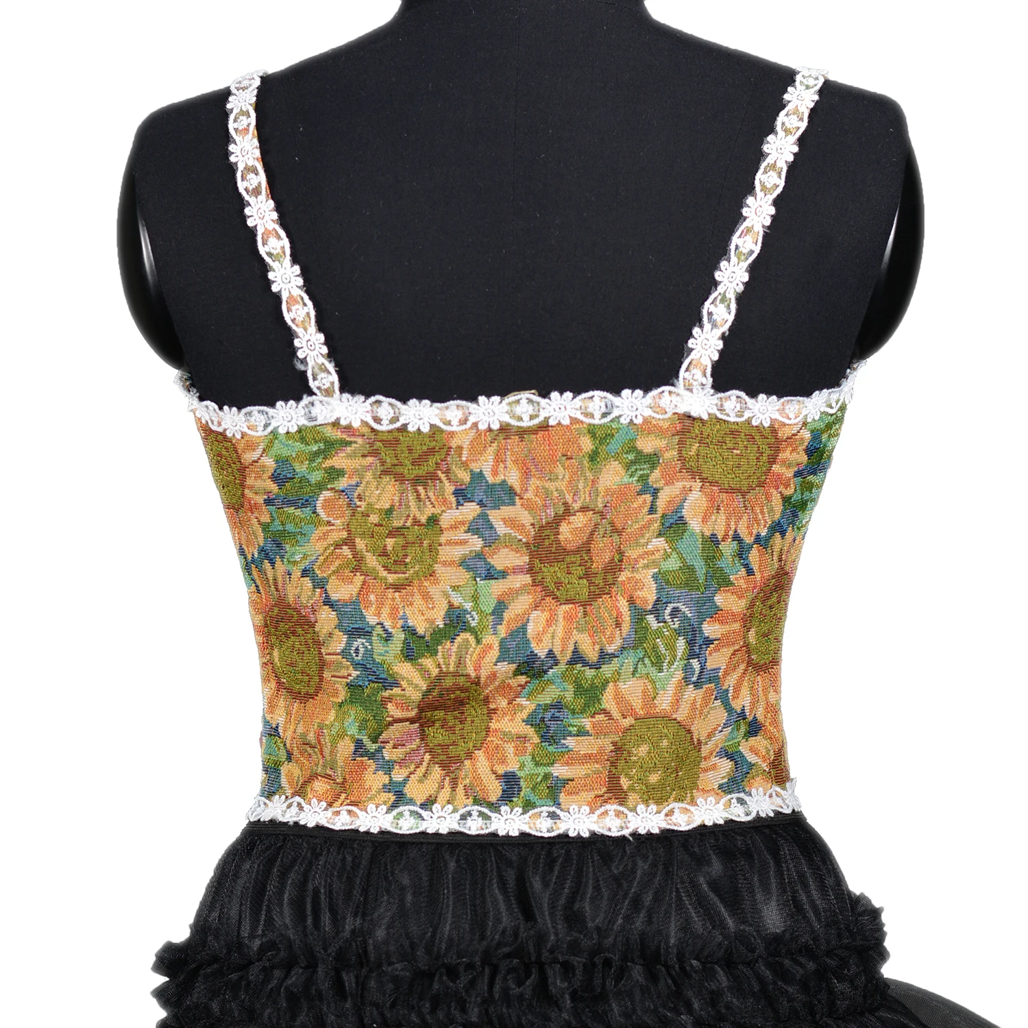 Vintage Floral Spaghetti Strap Bustier Sunflower Print Corset Top with Green Ribbon Vintage Floral Spaghetti Strap Bustier