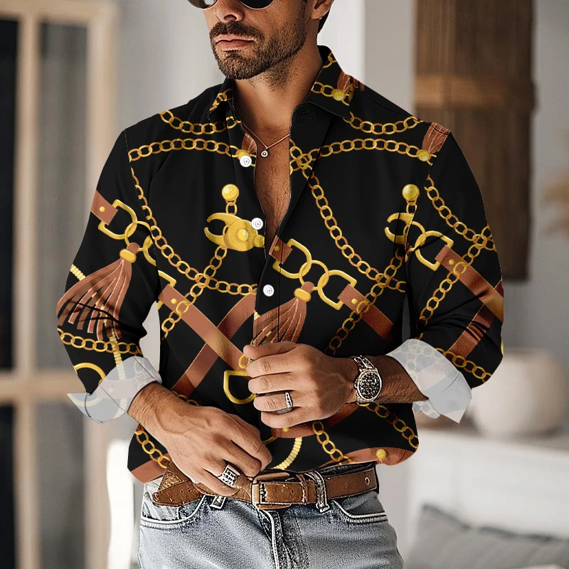 Fashion Chain Graphic Print Shirts Daily Casual Lapel Long Sleeve Men's Shirt 2024 Autumn New Men's Clothing Button Up Shirts