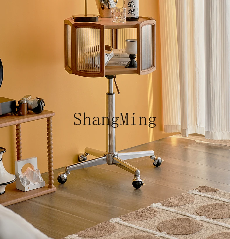 CL  solid wood movable sofa side with wheels can be lifted glass storage display cabinet bedside table