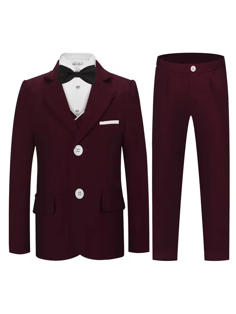 Boys Wine Red Spring Evening Party Suit Kids Wedding Dress Children Birthday Ceremony Performance Photography Costume